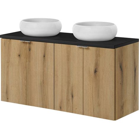 Mobile Pensile Sottolavabo Doppio Newport a 4 Ante con 2 Lavabi Rotondi - Effetto Rovere/Nero [en.casa]