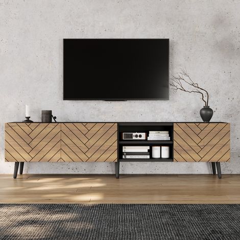 Meuble TV bas - 180x33,5x45 cm - 3 portes silencieuses et passe-câbles, TV lowboard moderne - Naturel (1/5)