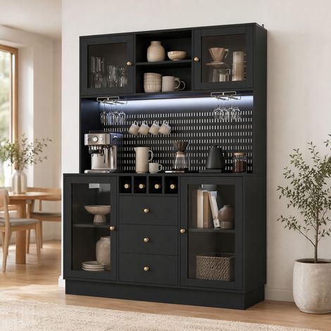 Armario de cocina alto 140x40x185.7 cm, con LED por app y botellero, estantes ajustables, MDF y vidrio negro (1/5)