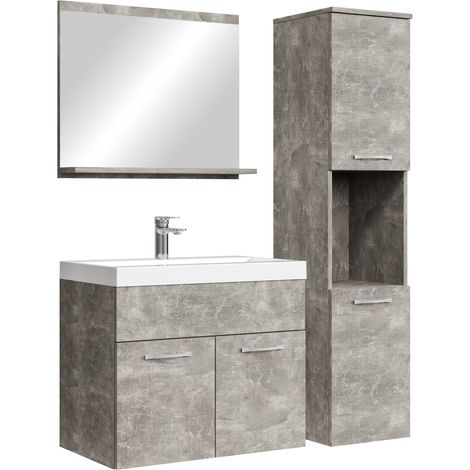 Badplaats – Ensemble de meubles de salle de bain 4 pièces – Lavabo en marbre artificiel 600mm – Meuble haut avec étagère – Couleur béton