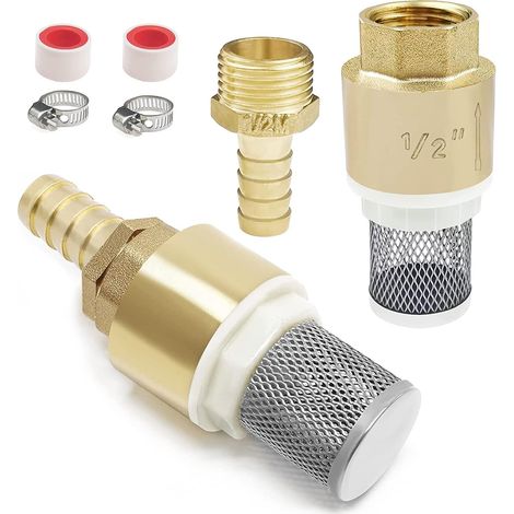 2 Pcs Clapet Anti Retour avec Filtre 1/2" Vanne de Pied en Laiton pour Pompe a Eau, Tuyau Arrosage Etc, avec Raccord de Tuyau, Collier de Serrage et Ruban Adhésif Brut (1/5)