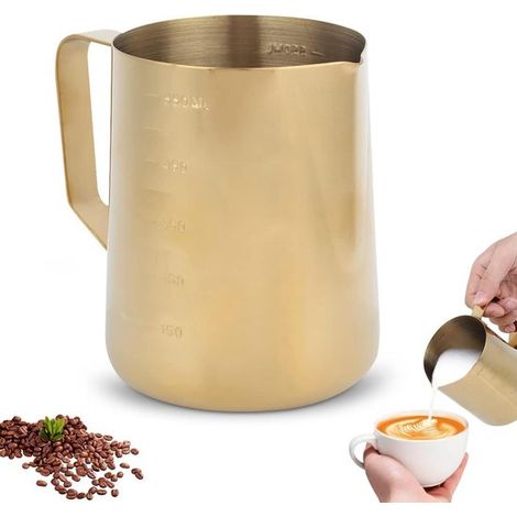 Brocca per schiumare il latte in acciaio inox, caraffa per latte art, per la preparazione del caffè con chiare tacche di misurazione, 600 ml, argento. (1/5)