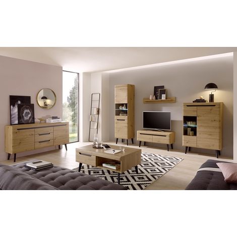 Wohnwand Komplett Set mit Couchtisch und Sideboard TIROL-61 skandinavisches Design in Eiche Artisan mit Schwarz (1/5)