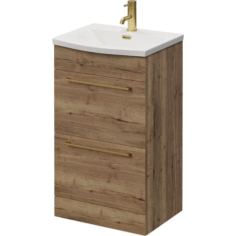 Napoli 390 Tobacco Oak 500mm 2 Drawer Vanity Unit with Arc Basin - 500mm - Brushed Brass 320mm Handle