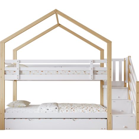 Cama infantil tipo cabaña con cama nido, escalera con almacenaje, madera y MDF, blanco natural (1/5)