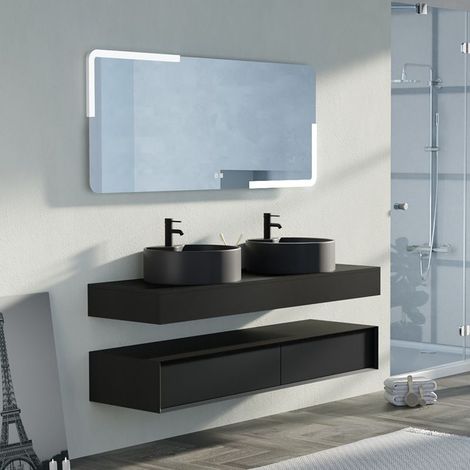 Distribain – Meuble de salle de bain double vasque 160cm noir mat – MDF – Système Push open – 2 tiroirs – Vasques en céramique (1/5)
