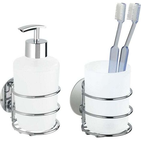 Distributeur de savon  Turbo-Loc chrome blanc 7,5 cm accessoires salle de bain porte-brosse à dents mural fixation sans perçage support mural salle de bain porte-gobelet salle de bain turbo-loc