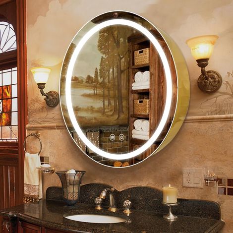 Armoire à pharmacie ronde de 76,2 cm avec lumières, armoire à pharmacie LED avec désembuage, miroir lumineux pour salle de bain, intensité variable, désembueur, 3 températures de couleur 3000 (1/5)