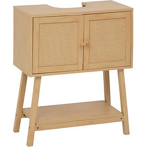 Meuble sous lavabo en cannage avec 2 portes et 1 étagère, coloris chêne - Longueur 70 x Profondeur 30 x Hauteur 80 cm (1/5)