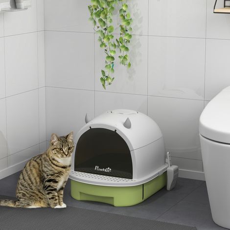 Geschlossene Katzentoilette mit herausnehmbarer Schale, Aktivkohlefilter, Schaufel und Tragegriff, 40,5 x 52 x 39 cm, Weiß und Grün
