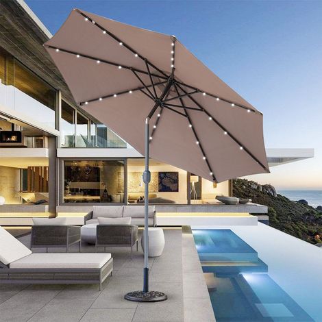 2.7M Garden Solar LED Parasol Sun Shade Patio Umbrella with Tilt Crank Taupe w/ Base (1/5)