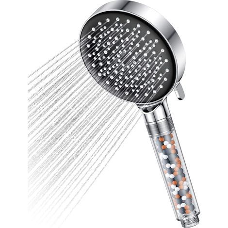 Shower head with water-saving filter, rain shower head for bathroom with 5 spray patterns, black