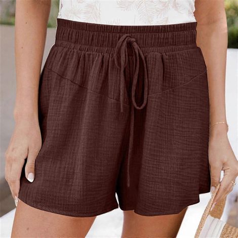 Short femme, coupe ample, taille haute, uni, décontracté, jambes larges, lacé-XXL-Coffee