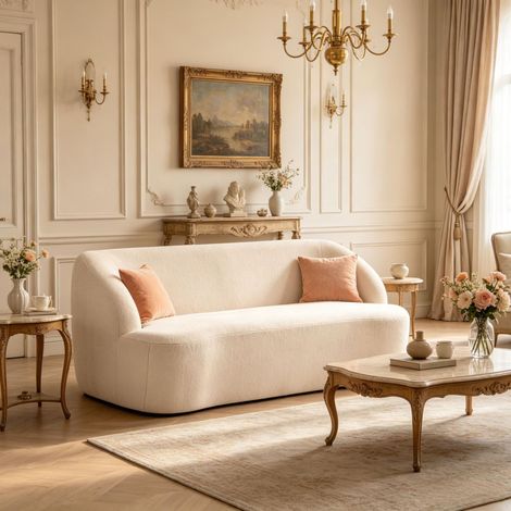 Canapé 2 places en tissu bouclette – Dossier et assise incurvé – Rembourrage mousse haute densité – Sans assemblage – Charge maximale 220 kg – 142×85×73,5 cm (1/5)