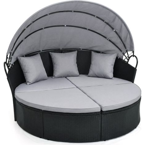 Costway – Lit de jardin rond en rotin PE avec auvent rétractable – Coussins haute densité – Charge 360 kg – Dimensions 187 x 180 x 157 cm – Pour bord de piscine (1/5)