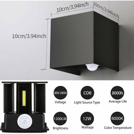 Applique murale 12W avec détecteur de mouvement intérieur extérieur, applique murale LED à angle réglable, applique murale blanc froid étanche IP67 6000K, pour couloir jardin chambre (1/4)