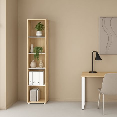 Dmora - Estante para libros Marguerite, Estante de oficina, Porta libros móvil, Biblioteca, 41x34 h205 cm, Roble y Blanco (1/5)