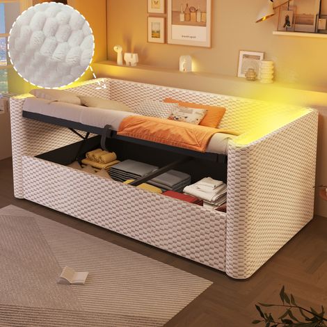 Lit de jour, canapé-lit, 90 x 200 cm, avec éclairage LED, mécanisme de rangement hydraulique, sommier à lattes (sans matelas), velours, beige (1/5)