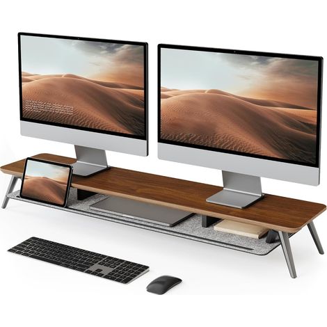 Support Ecran PC 108cm, Bois Massif Multicouche, Moniteur TV, Marron 2 Appareils, Charge 45kg, Rainure Téléphone Tablette Stylo, Feutre, Gestion Câbles, Pieds Alu, Écran Ordinateur Bureau Maison (1/5)