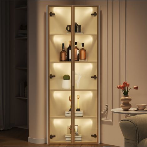 REDOM - Vitrine d’angle 62x35x160 cm, éclairage LED intégré, charnières à fermeture douce, MDF et verre, blanc (1/5)