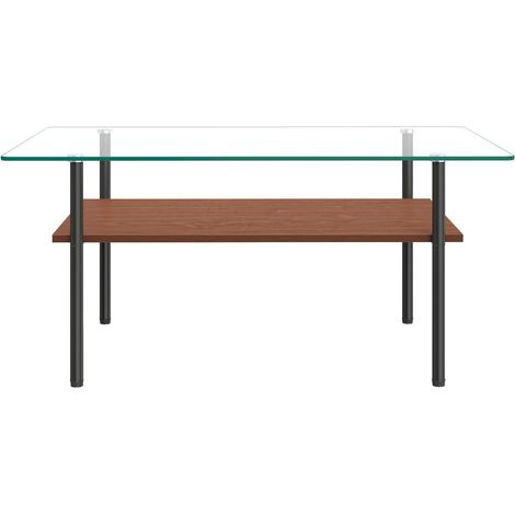 Table basse avec rangement plateau en verre étagère en mdf 2 niveaux piètement métal effet bois noir (1/5)