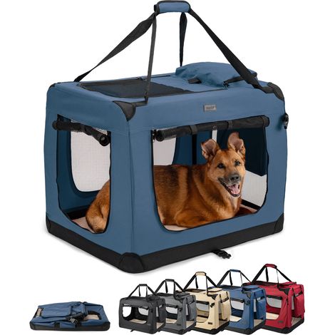 lionto Hundetransportbox faltbar, stabile Stoffbox mit Mesh-Einsätzen, ideal für Auto, Reise & Tierarzt, 82x58x58 cm, dunkelblau