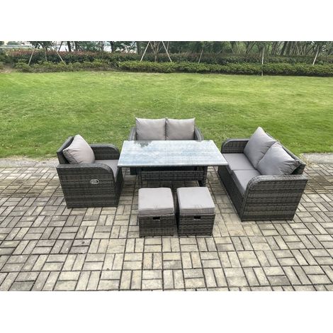Fimous 7 Sitzer Rattan Garten Sofa Set Gartenmöbel Langer Rechteckiger Esstisch mit Sesseln Hockern Dunkelgrau gemischt (1/5)