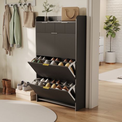 Meuble Chaussures, Meuble de Rangement à Chaussures Armoire, Meuble d'entrée Rangement pour Chaussures avec 2 Tiroirs, Noir (1/5)