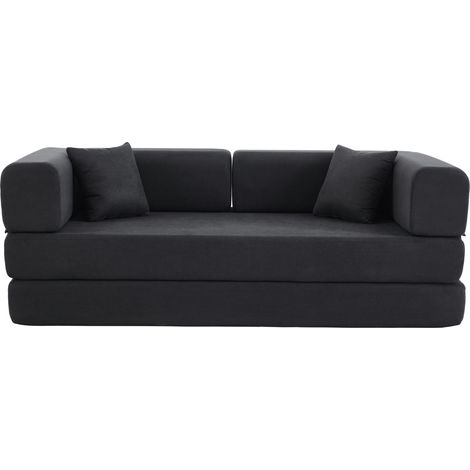 Sofá cama convertible plegable de pana negra con cojín cilíndrico (1/5)