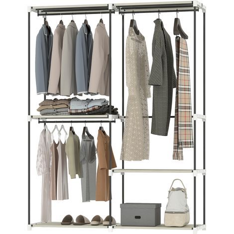 Armoire ouverte avec 4 étagères en tissu, 3 tringles, structure en métal, 142 x 43 x 185 cm, crème (1/5)
