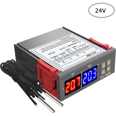 Termostato con doble pantalla digital, controlador de temperatura con doble sonda NTC, sonda de calefacción y dos salidas de relé de 24 V. (1/5)