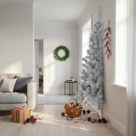 Demi sapin de Noël artificiel mural gain d'espace 1050 branches PET argenté 240 cm - PANGIVO (1/5)