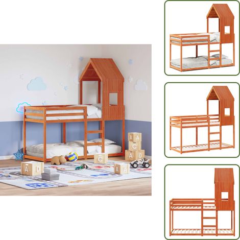 The Living Store Lit superposé sans matelas cire marron 90x200 cm pin massif - Lit Superpose - Lit Enfant - Lit Avec Toit - Lit Design - Meuble Enfant