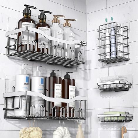 Support de douche adhésif, lot de 5, support de rangement de salle de bain en acier inoxydable, grande capacité, aucun perçage requis, adapté au rangement de la salle de bain