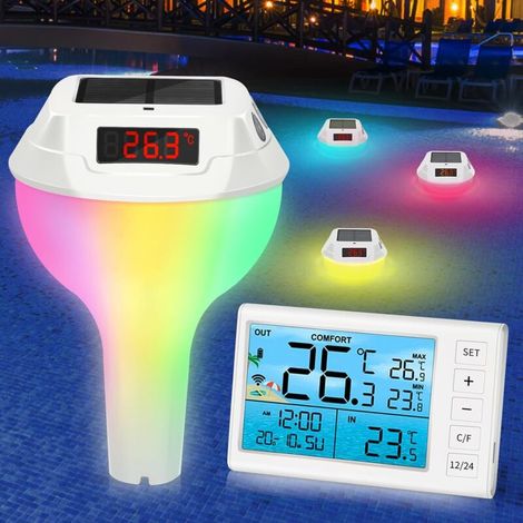Thermometre Piscine, Thermomètre Piscine Solaire Lumineux avec Affichage et Corde, Thermomètre Piscine pour Piscines, Bassins et Aquariums (1/4)