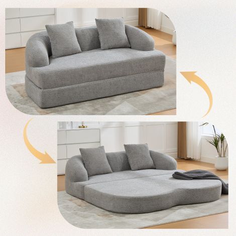 Canapé convertible 2 en 1 pour deux personnes, avec deux coussins, canapé-lit double dépliable, canapé polyvalent pour chambres d'amis et salons (chenille gris clair) (1/5)