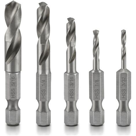 5pcs Coffret de Forets à Métaux 1/4" Hexagonale Changement Rapide Court Mèche HSS Forets Hélicoïdaux pour Bois, Plastique et Métal Tendres pour Renvoi d'Angle (1/4)