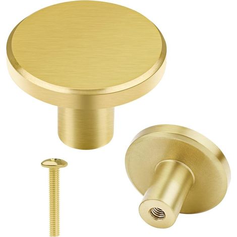 Ensemble de 8 boutons de meuble en laiton brossé, boutons de tiroir de commode couleur or, pour armoires, placards, salles de bains et cuisines, 28 x 20 mm (rond) (1/5)