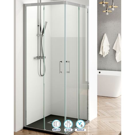 Mampara de Ducha Rectangular Angular Corredera 2 Puertas 2 Fijas Vidrio 6mm Altura 200cm Transparente - Cromo Brillo - 100 cm (Adaptable 95,5-98,5cm) - 80 cm (Adaptable 77,5-80,5cm) (1/3)