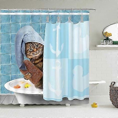 Rideau de douche chat 2025, rideau de douche mignon en tissu 3D avec crochets, rideau ou tapis de douche imperméable et amusant - 34 (1/2)