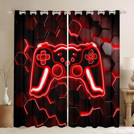 Rideau Occultant 140x260 cm Jeux, Rideau Néon Honeycomb Gamer, Rideaux Voilage Consoles de Jeux Vidéo, Voilage Fenetre Lumières Hexagonales Rouges pour Chambre Salon - 140L X 260H cm (2 Panneaux) (1/5)