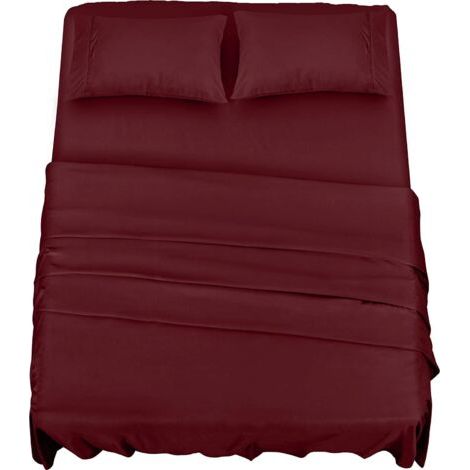 Polyester Microfibre Parure de lit (4 pièces, Bordeaux) - 1 Drap Housse 150x200cm, 1 Drap Plat 266x259cm et 2 Taies d'oreiller 50x75cm