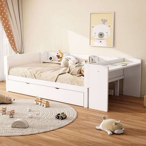 Lit escamotable 90x200 cm blanc bureau intégré 3 étagères latérales (1/5)