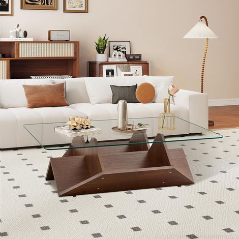 Table Basse 103x63x33,5 cm - Plateau Verre Trempé - Structure MDF Noyer - Rangements Multiples Compartimentés - pour Salon, Bureau - Noyer