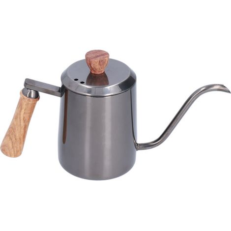 Bouilloire à café manuelle en acier inoxydable 600ml, bec long et fin, poignée en bois, couleur grise (1/5)