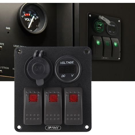 Panneau multifonction à 3 interrupteurs à bascule avec affichage du voltmètre et chargeur 4,8 A pour camping-car et bateau (voyant rouge). (1/5)