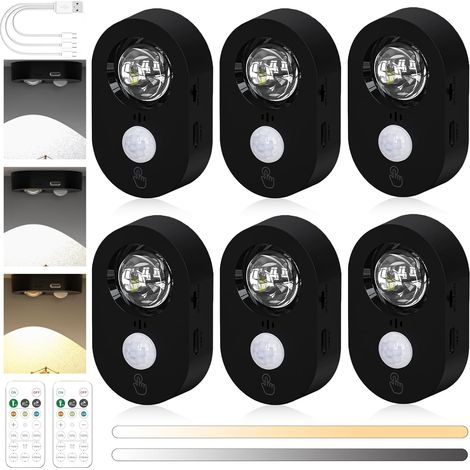 Set di 6 faretti LED con sensore di movimento USB - Senza fili - Con telecomando - Illuminazione dimmerabile per armadietti - Luce notturna per armadi, scaffali, vetrine (nero)