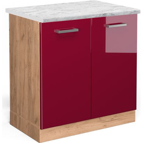 Spülenunterschrank R-Line, Bordeaux Hochglanz, 80 cm AP Marmor, Vicco
