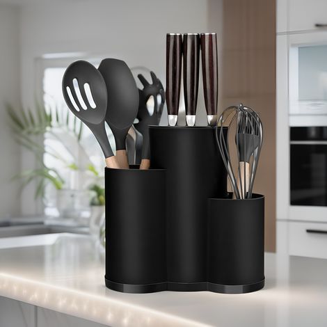 Organisateur multifonctionnel 3 en 1 pour couteaux, ustensiles de cuisine et vaisselle, noir (1/2)