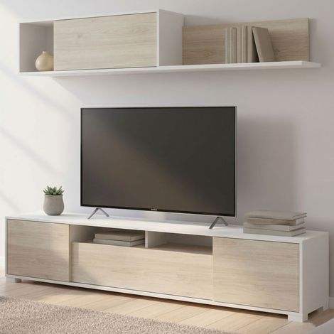 Dmora - Mueble alto Dfalcon, Conjunto de salón con soporte TV, Mueble de salón polivalente, 200x41h180 cm, Roble y Blanco (1/5)